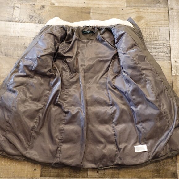 Lauren Ralph Lauren Down Puffer Coat Women’s Large Taupe Hooded Faux Fur - Picture 14 of 16